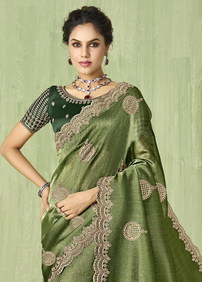 Green Spun Silk Saree With Blouse Piece