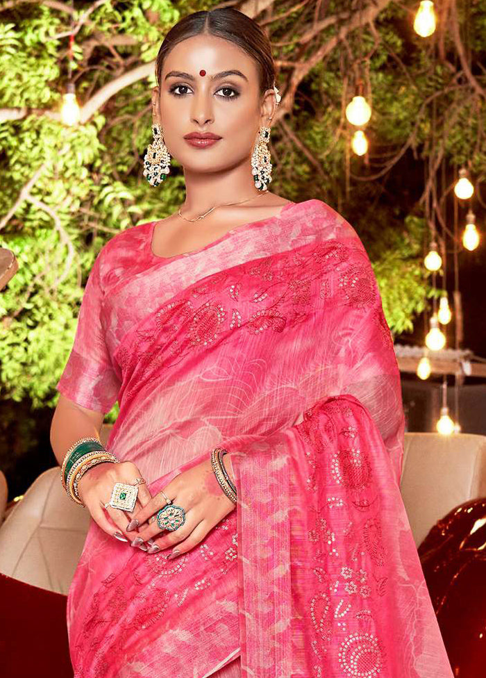 Pink Chanderi Silk Saree With Blouse Piece