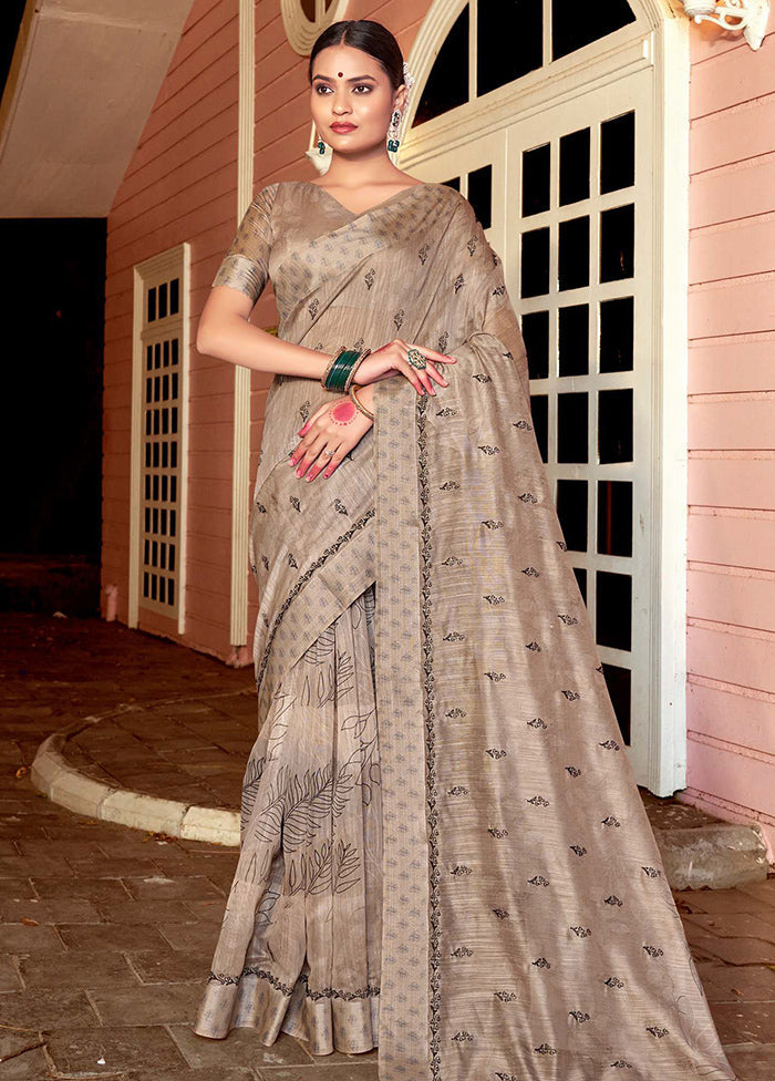 Beige Chanderi Silk Saree With Blouse Piece