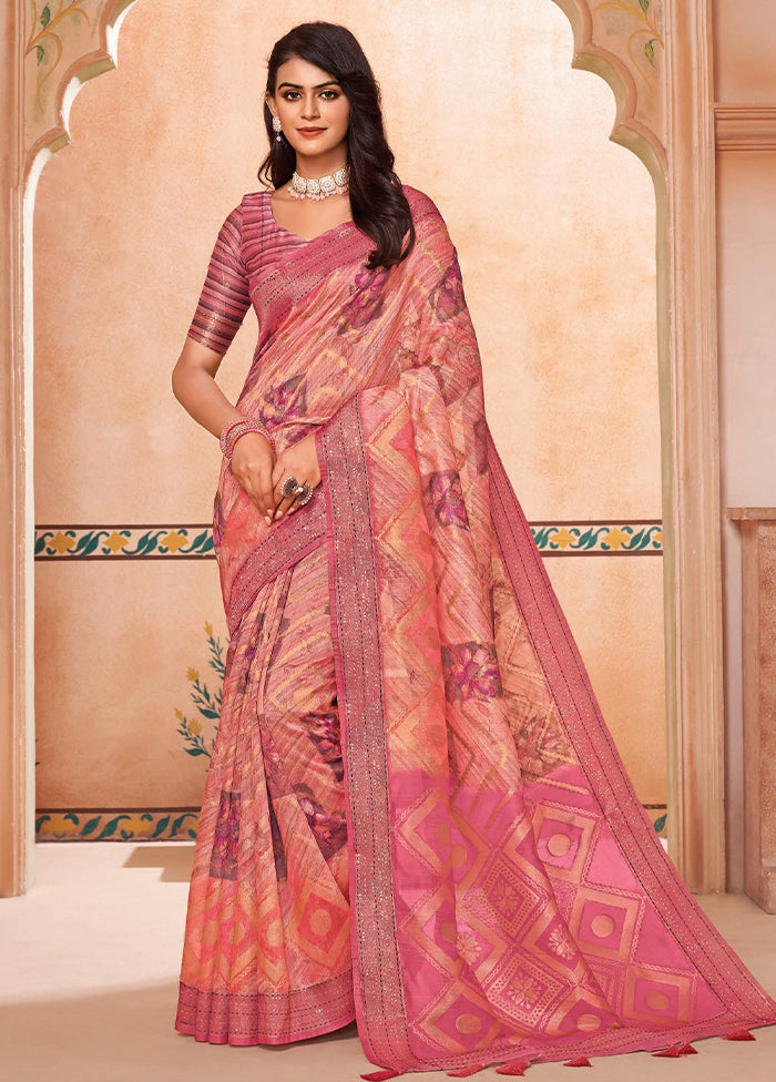 Peach Spun Silk Saree With Blouse Piece