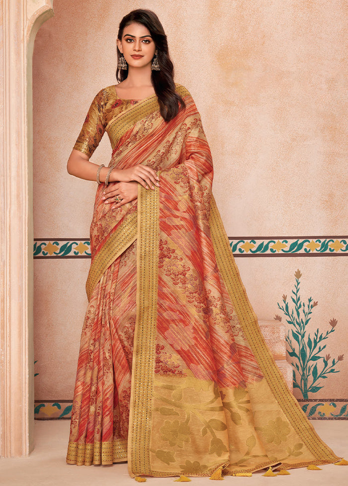 Orange Spun Silk Saree With Blouse Piece