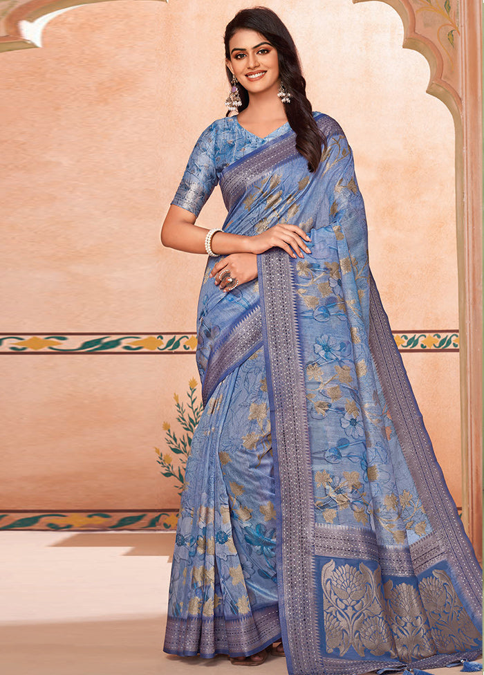 Sky Blue Spun Silk Saree With Blouse Piece