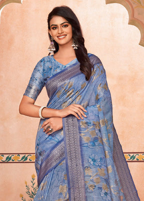 Sky Blue Spun Silk Saree With Blouse Piece