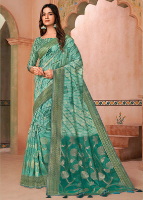 Turquoise Spun Silk Saree With Blouse Piece