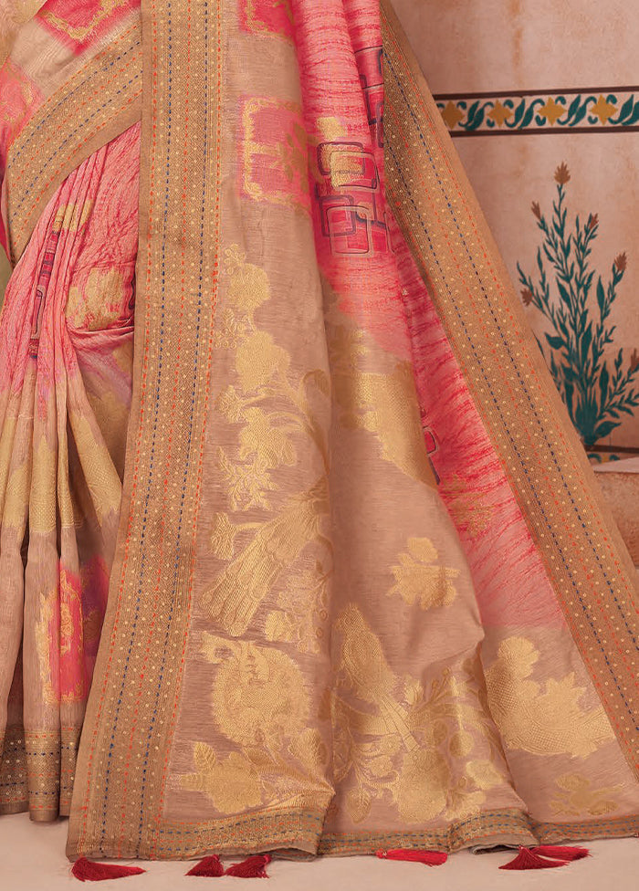 Peach Spun Silk Saree With Blouse Piece