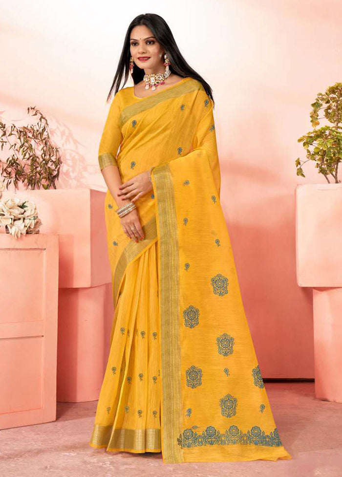 Yellow Chanderi Silk Saree With Blouse Piece