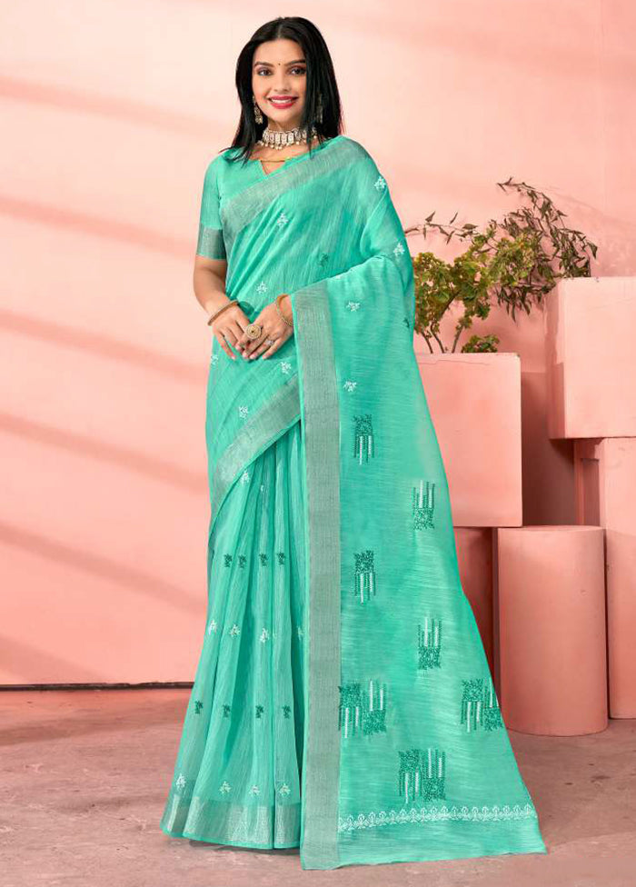 Turquoise Chanderi Silk Saree With Blouse Piece