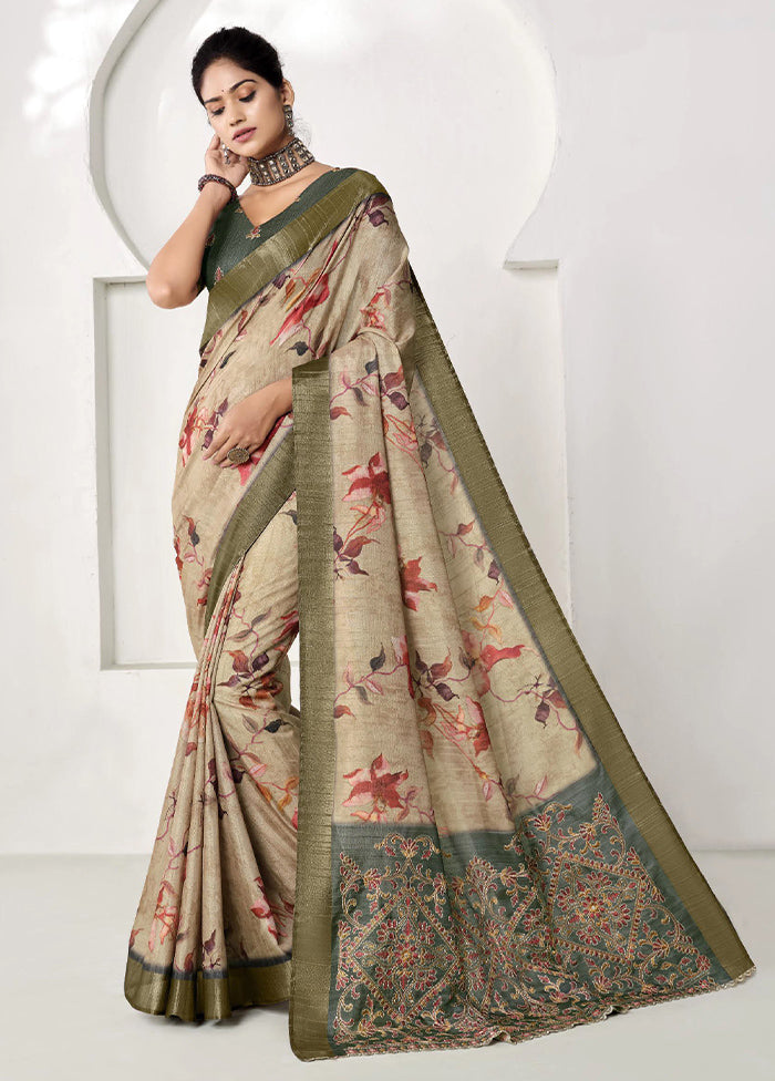 Cream Spun Silk Saree With Blouse Piece