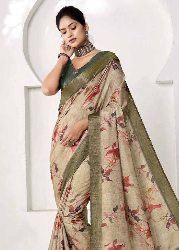 Cream Spun Silk Saree With Blouse Piece