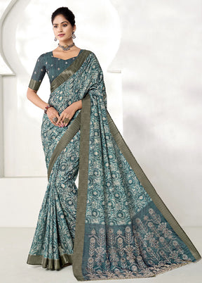 Turquoise Spun Silk Saree With Blouse Piece