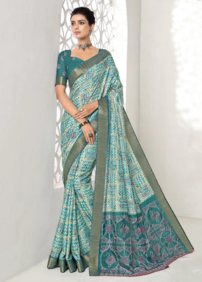 Turquoise Spun Silk Saree With Blouse Piece