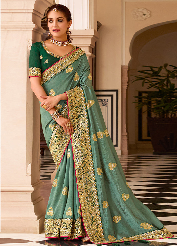 Sea Green Spun Silk Saree With Blouse Piece