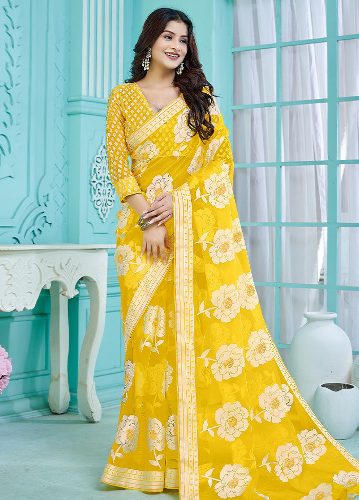 Yellow Crepe Silk Saree With Blouse Piece