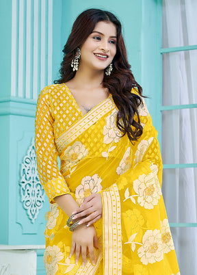 Yellow Crepe Silk Saree With Blouse Piece