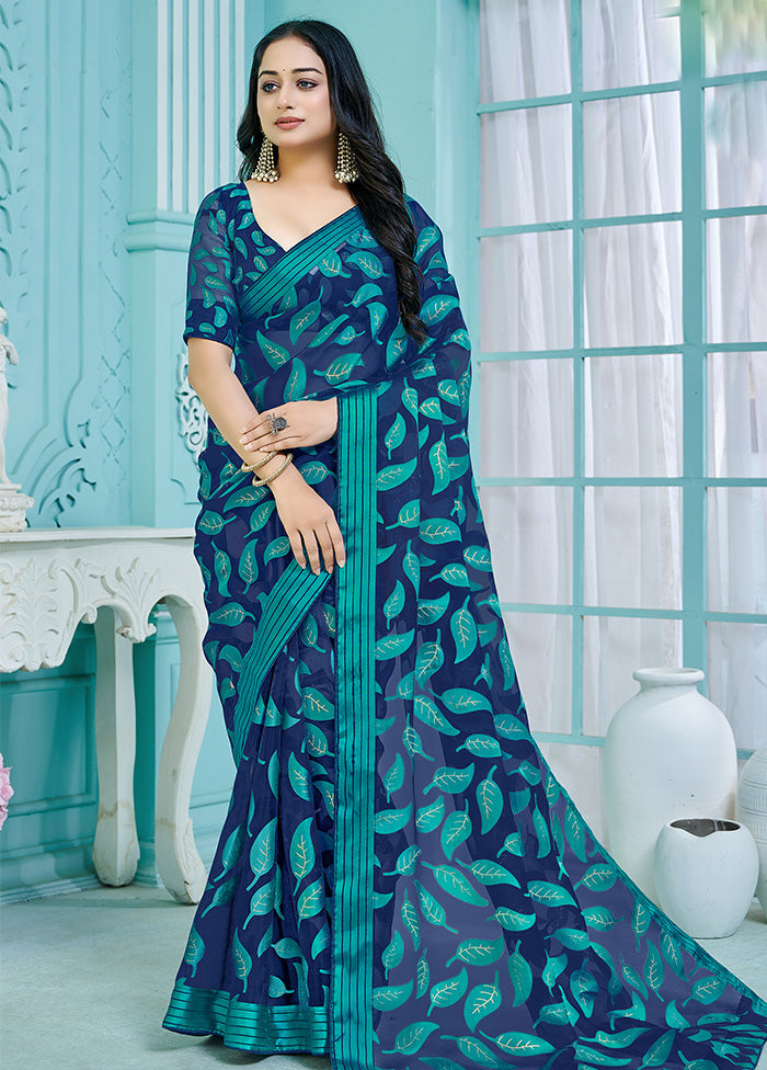 Blue Crepe Silk Saree With Blouse Piece