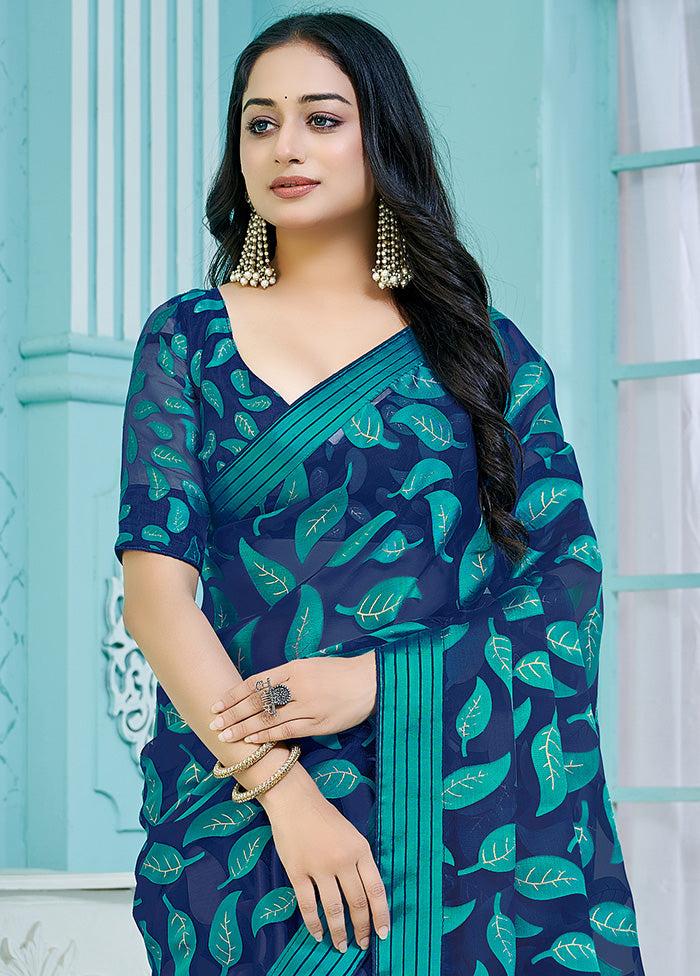 Blue Crepe Silk Saree With Blouse Piece