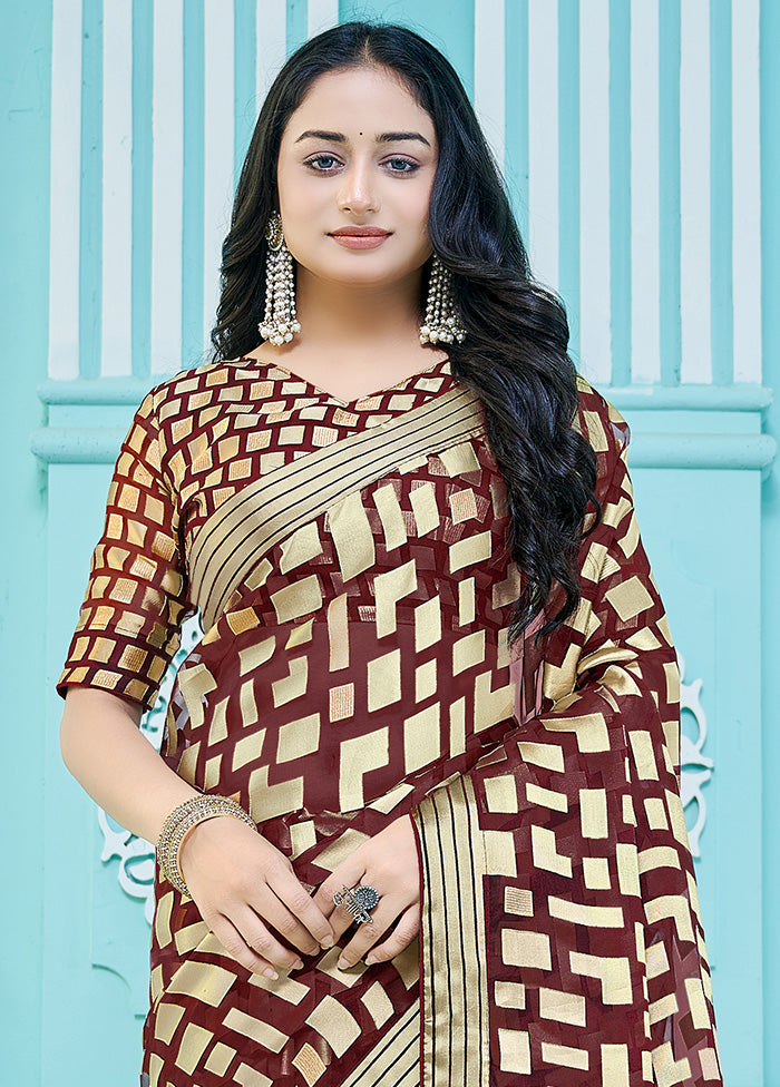 Maroon Crepe Silk Saree With Blouse Piece