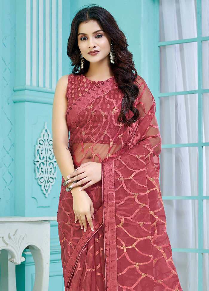 Maroon Crepe Silk Saree With Blouse Piece