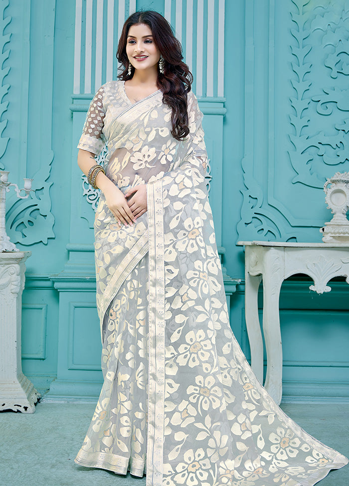 Off White Crepe Silk Saree With Blouse Piece