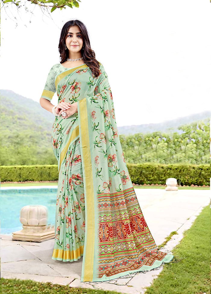 Pista Green Spun Silk Saree With Blouse Piece