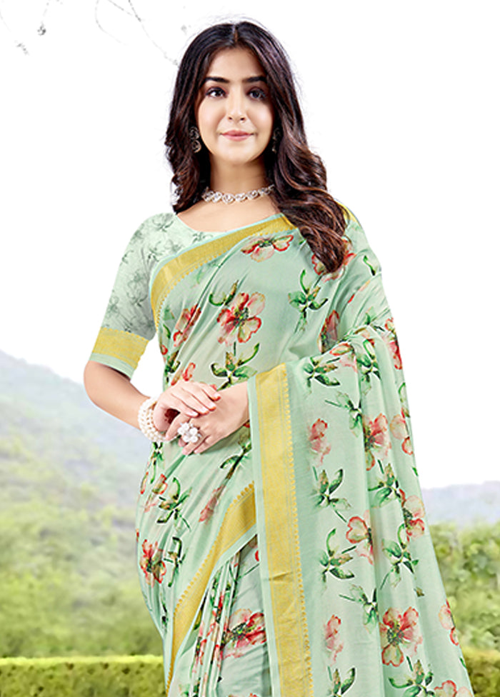 Pista Green Spun Silk Saree With Blouse Piece