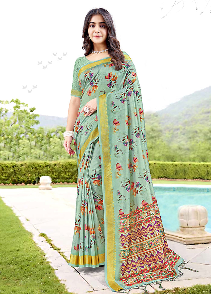 Pista Green Spun Silk Saree With Blouse Piece