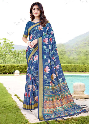 Blue Spun Silk Saree With Blouse Piece