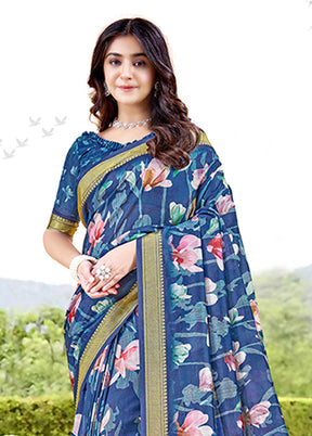 Blue Spun Silk Saree With Blouse Piece