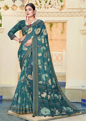 Turquoise Chanderi Silk Saree With Blouse Piece