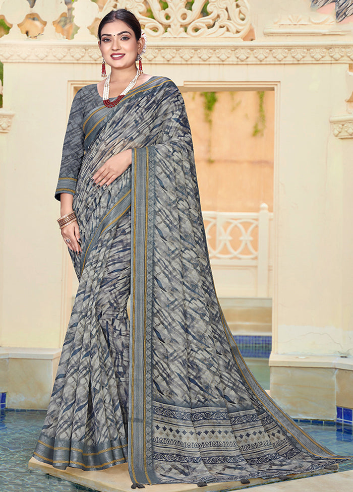 Grey Chanderi Silk Saree With Blouse Piece