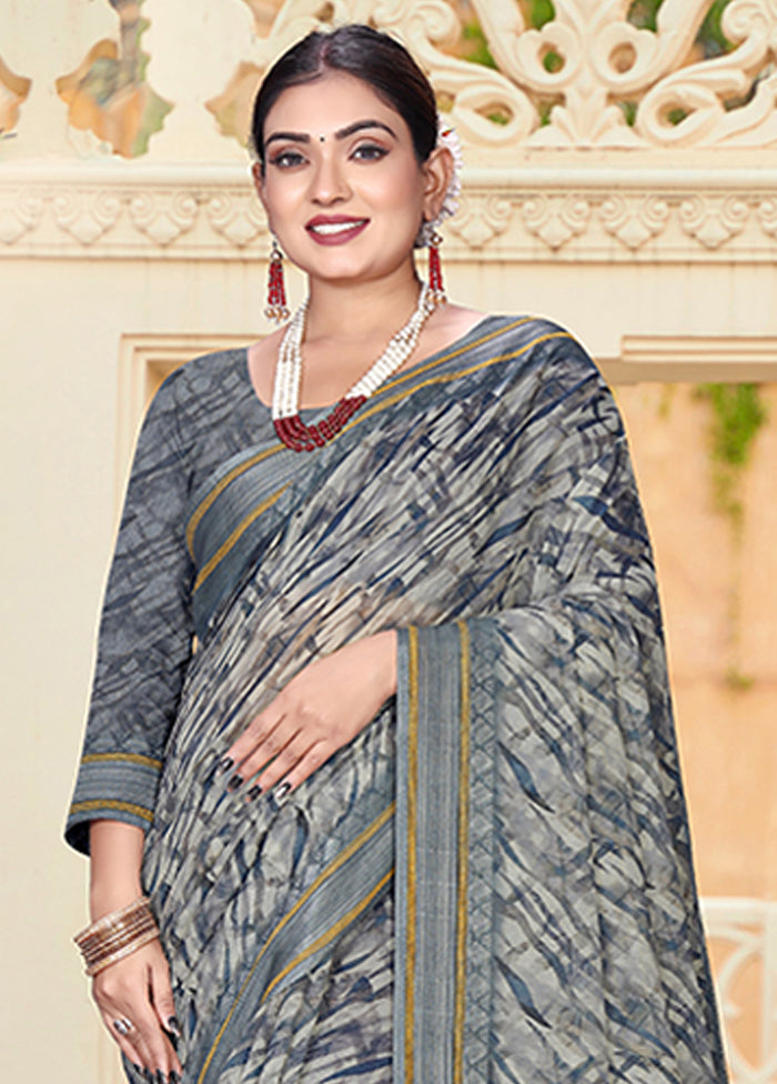 Grey Chanderi Silk Saree With Blouse Piece