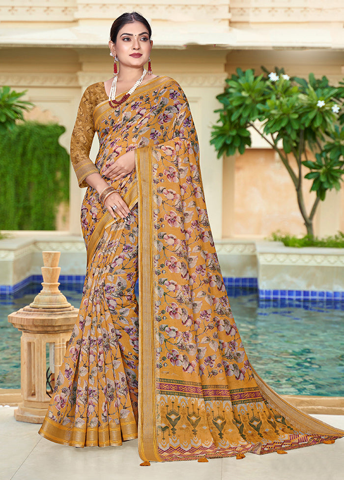 Mustard Chanderi Silk Saree With Blouse Piece