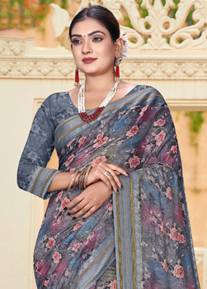 Grey Chanderi Silk Saree With Blouse Piece