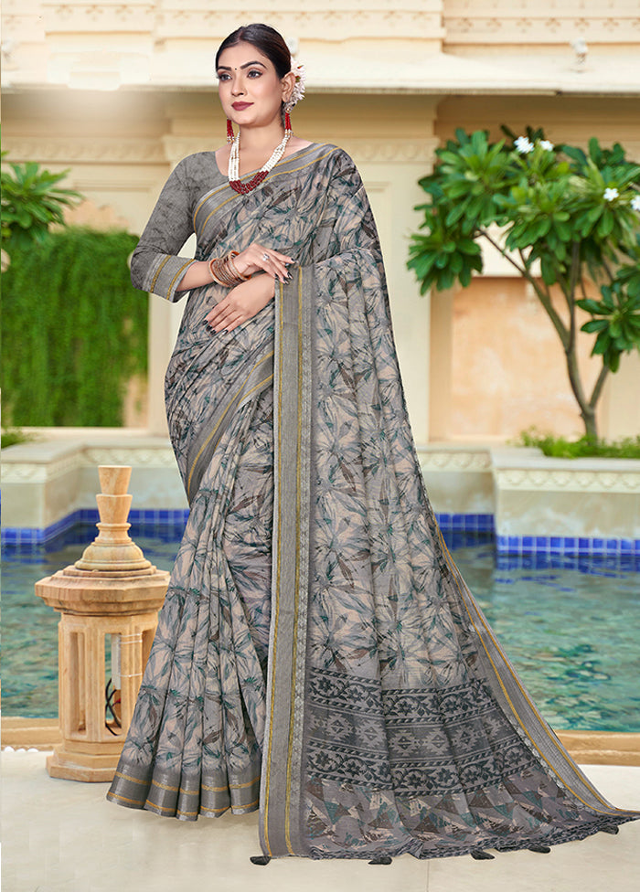 Grey Chanderi Silk Saree With Blouse Piece