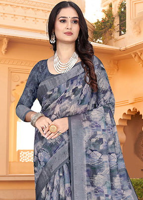 Grey Linen Silk Saree With Blouse Piece