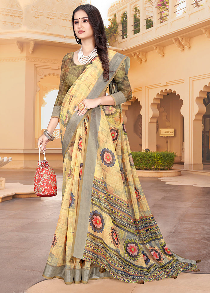 Yellow Linen Silk Saree With Blouse Piece