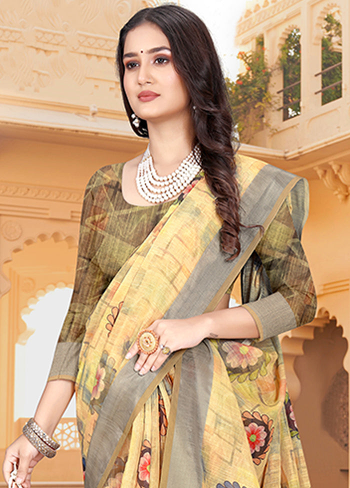 Yellow Linen Silk Saree With Blouse Piece