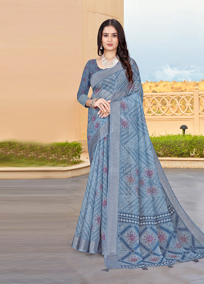 Grey Linen Silk Saree With Blouse Piece