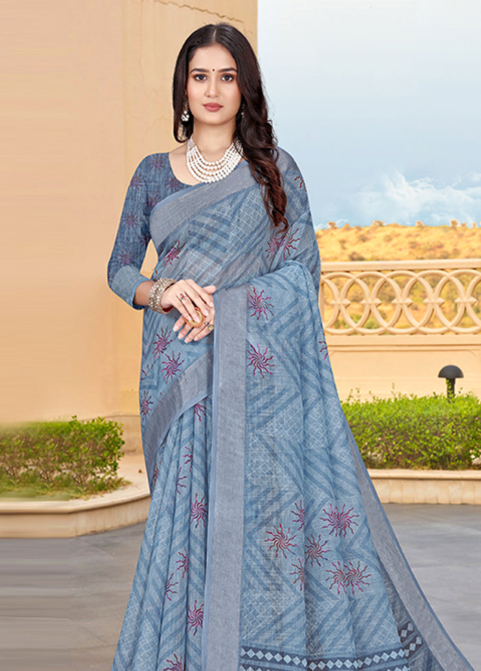 Grey Linen Silk Saree With Blouse Piece