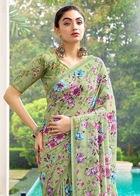 Pista Green Georgette Saree With Blouse Piece