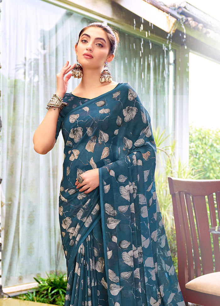 Teal Blue Georgette Saree With Blouse Piece