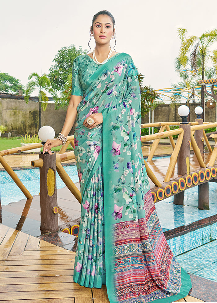 Turquoise Crepe Silk Saree With Blouse Piece