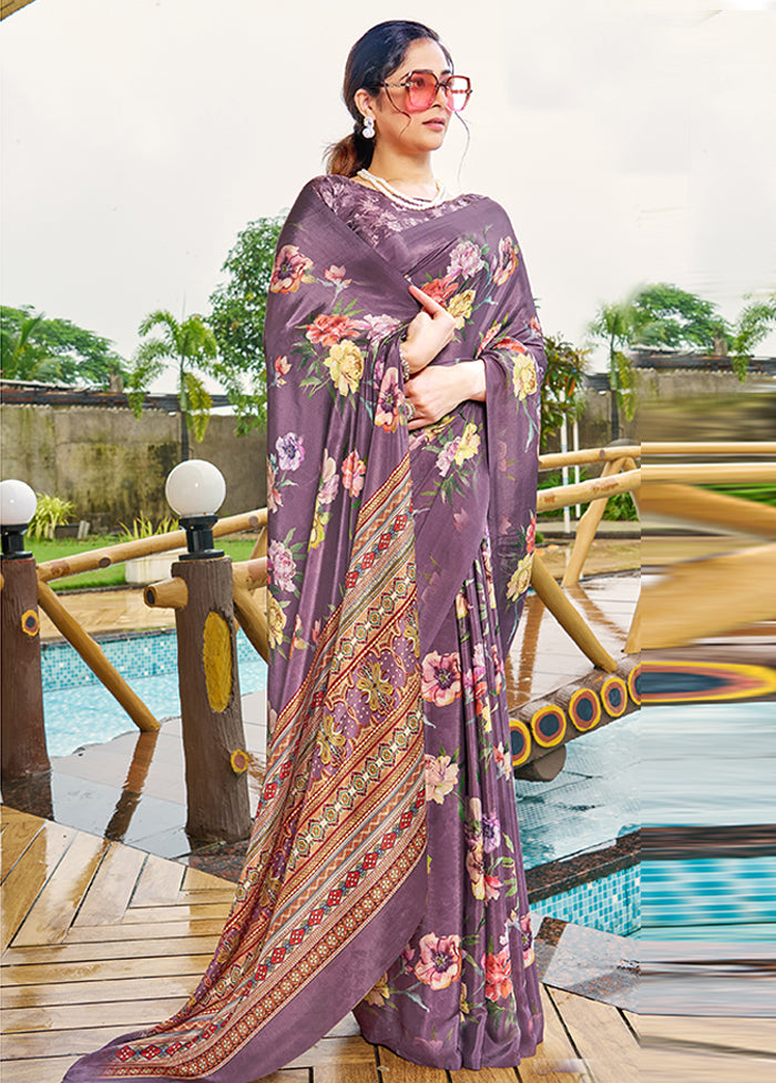 Wine Crepe Silk Saree With Blouse Piece