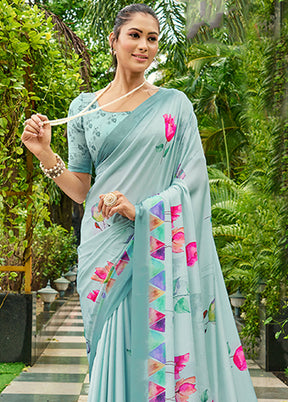 Turquoise Crepe Silk Saree With Blouse Piece