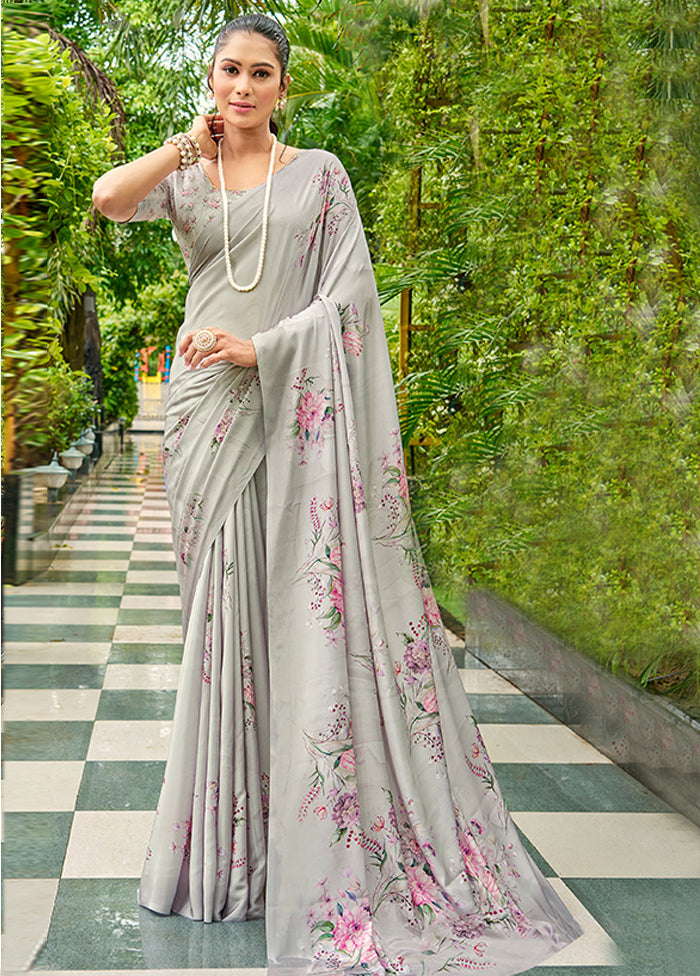 Grey Crepe Silk Saree With Blouse Piece