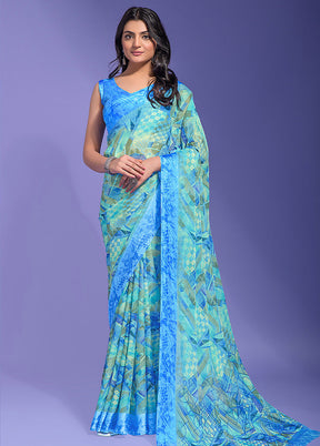 Blue Chiffon Silk Saree With Blouse Piece