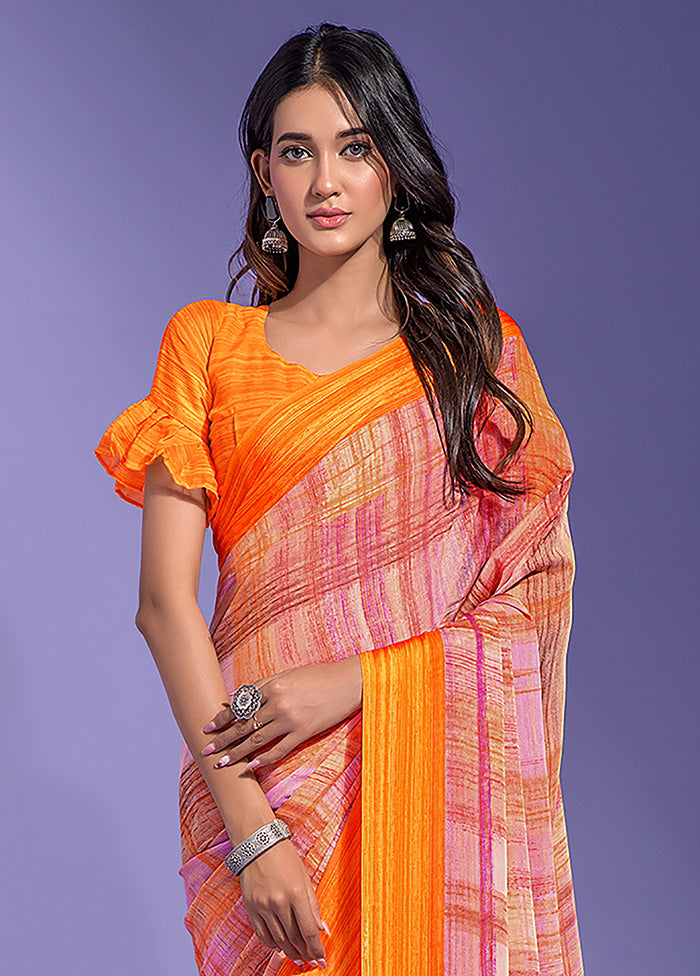 Orange Chiffon Silk Saree With Blouse Piece