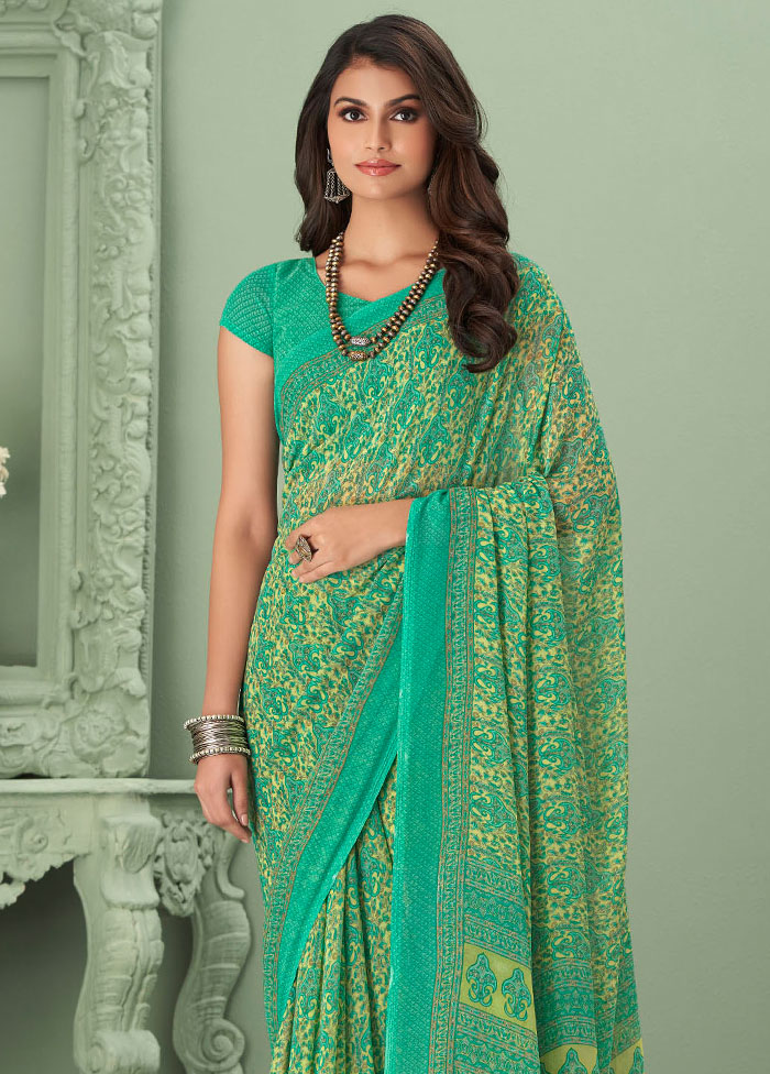 Sea Green Georgette Printed Work Saree With Blouse - Indian Silk House Agencies