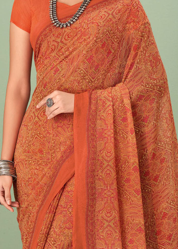 Rust Georgette Printed Work Saree With Blouse - Indian Silk House Agencies