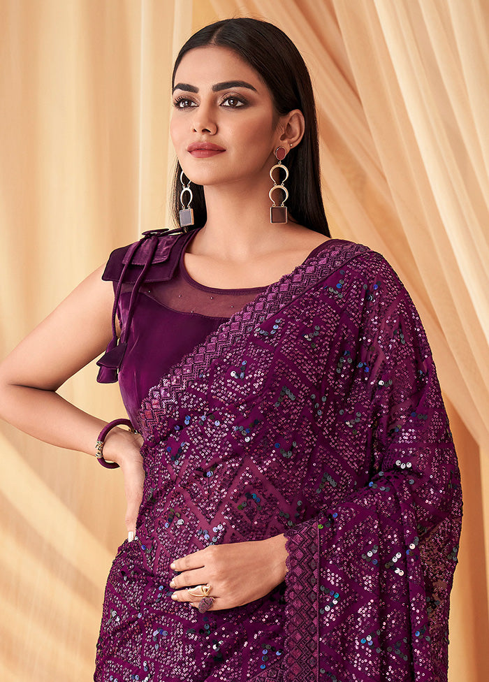 Wine Georgette Saree With Blouse Piece - Indian Silk House Agencies